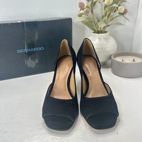 Bernardo Nieve Kid Suede Peep Toe Chunky Heel Pumps Black Women's 9M Tried On - Picture 4 of 12